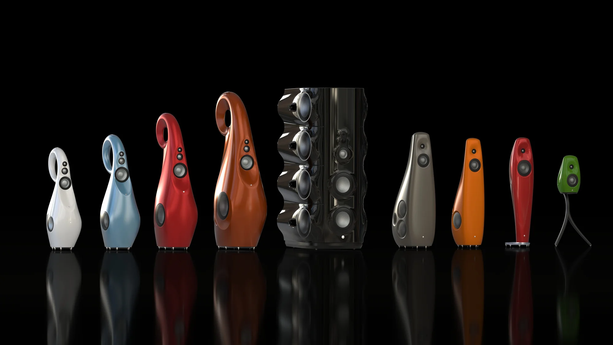 Vivid Audio La gama de Vivid Audio se alinea con cuatro GIYA Cu a la izquierda, el MOYA M1 en el centro y la serie KAYA a la derecha.