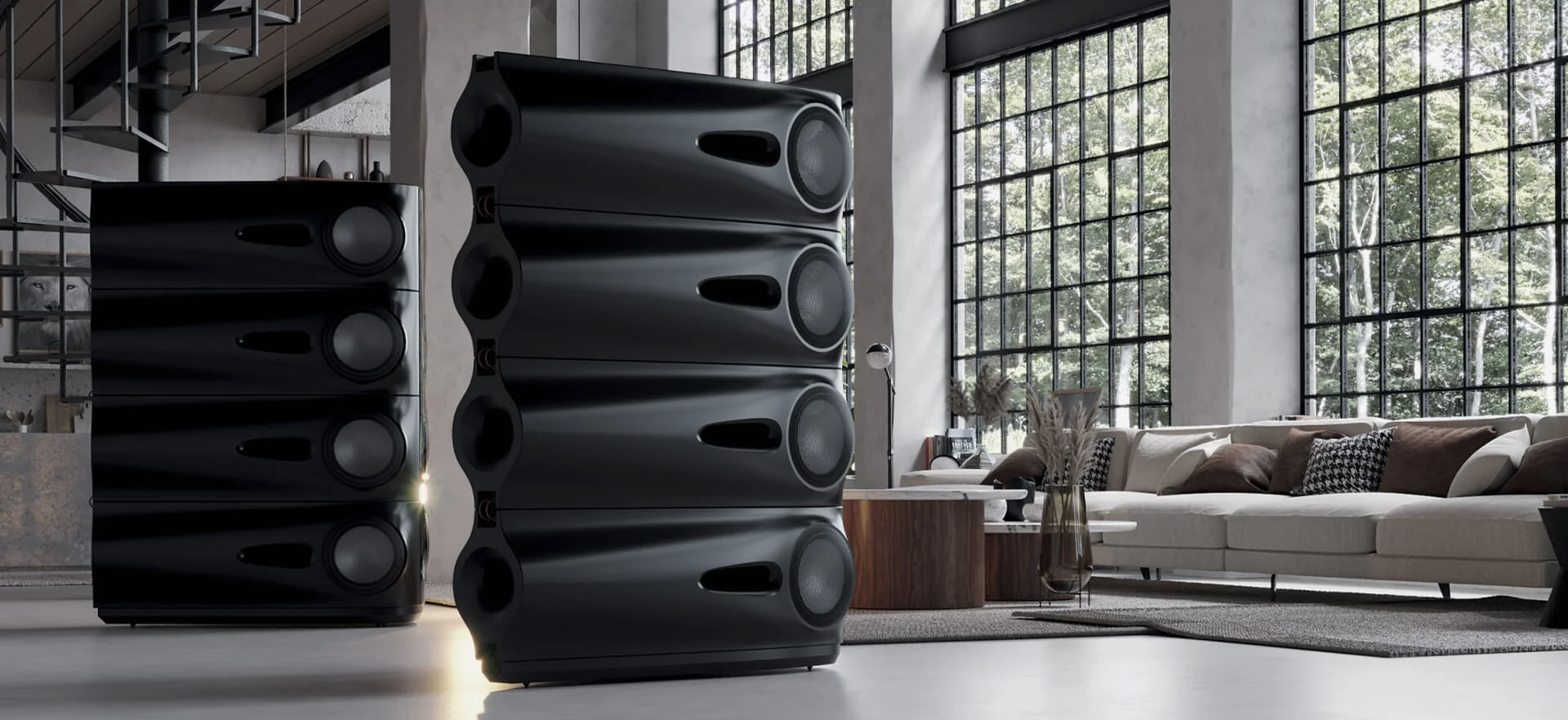 Vivid Audio Dos MOYA M1, el modelo de referencia de la marca, ocupan un salón en esta imagen de ambiente.