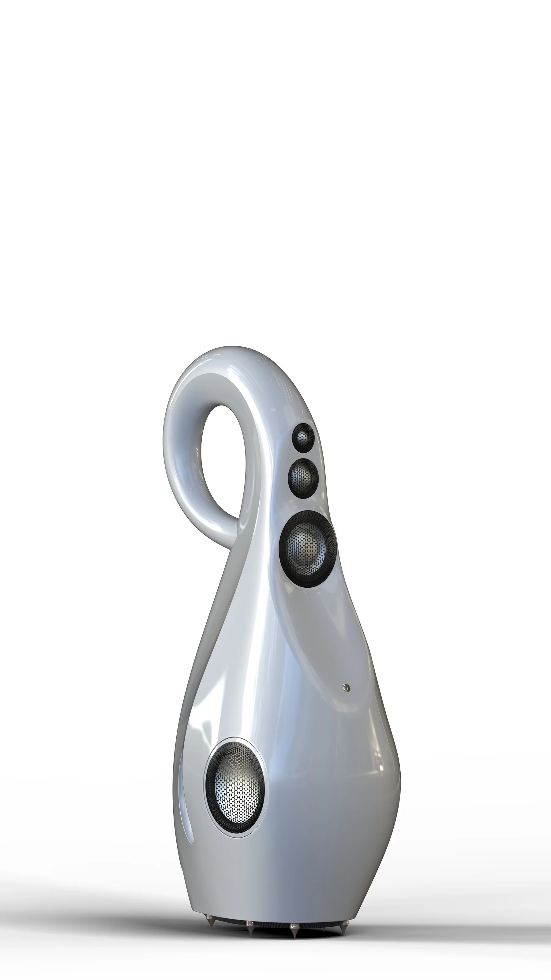Vivid Audio El GIYA G4 Cu aparece en gris, con el tubo de carga superior curvado hacia atrás (render de la marca).