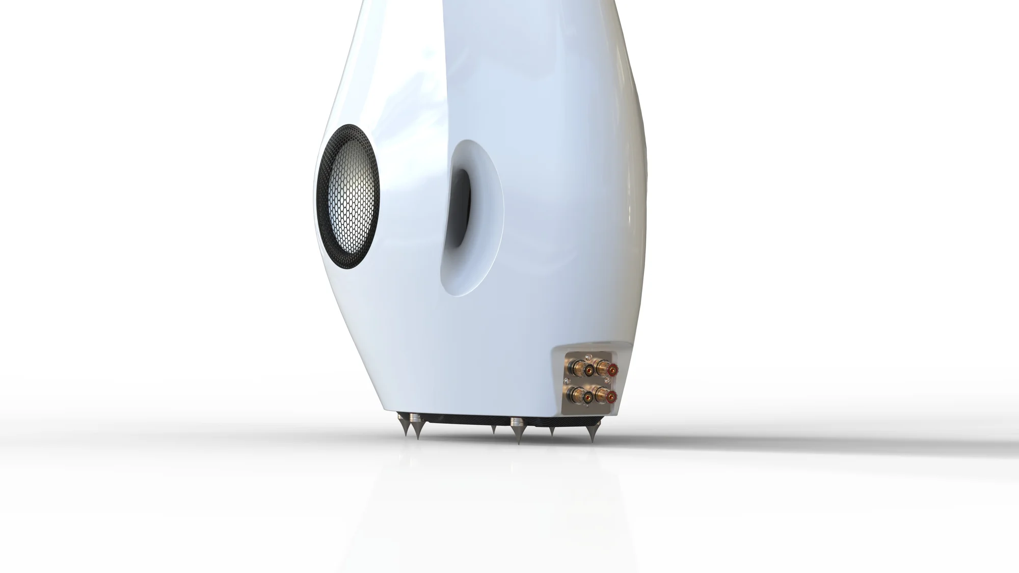 Vivid Audio El detalle posterior del GIYA G4 Cu muestra uno de sus dos woofers, la abertura del reflex y los bornes para bicableado.